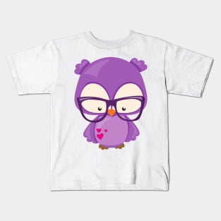 Valentine's Day Owl, Purple Owl, Glasses, Hearts Kids T-Shirt